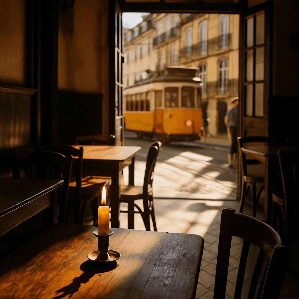 View from a café through an open door onto a sunlit Lisbon street, a yellow tram passing by